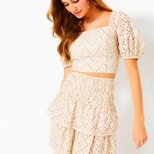 Lilly Pulitzer Gold and Cream Smocked Top and skirt set size 16 nwt